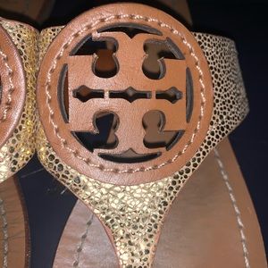 Tory Burch brown and gold metallic Sandals